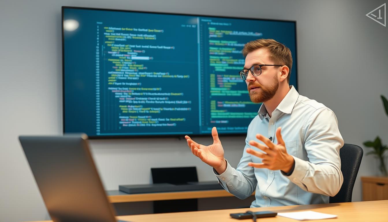 Python programming instructor teaching code concepts with a screen displaying Python syntax